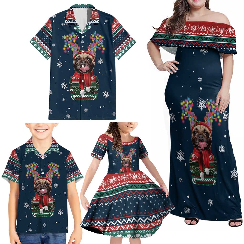 French Bulldog Reindeer Antlers Lights Family Matching Off Shoulder Maxi Dress and Hawaiian Shirt with Red Green Winter Pattern Design - Wonder Print Shop