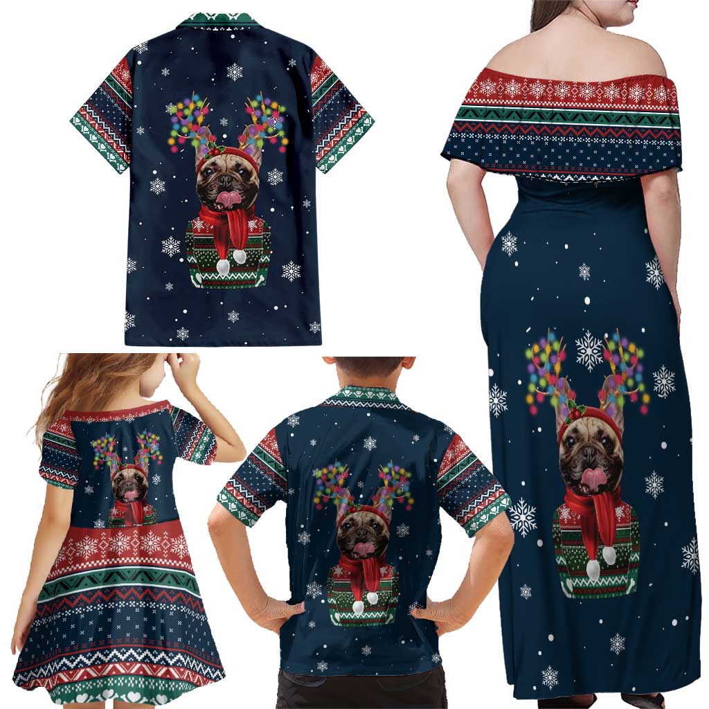French Bulldog Reindeer Antlers Lights Family Matching Off Shoulder Maxi Dress and Hawaiian Shirt with Red Green Winter Pattern Design - Wonder Print Shop