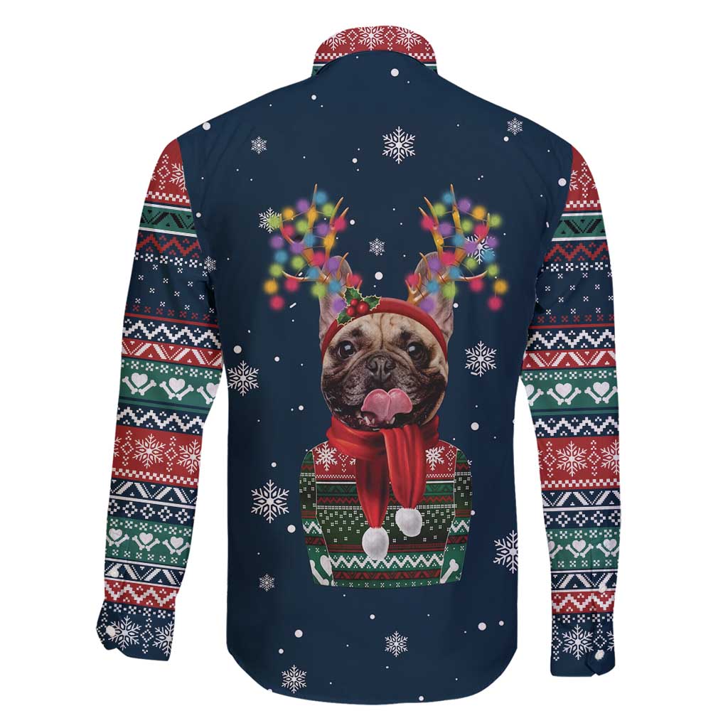 French Bulldog Reindeer Antlers Lights Family Matching Off Shoulder Maxi Dress and Hawaiian Shirt with Red Green Winter Pattern Design - Wonder Print Shop