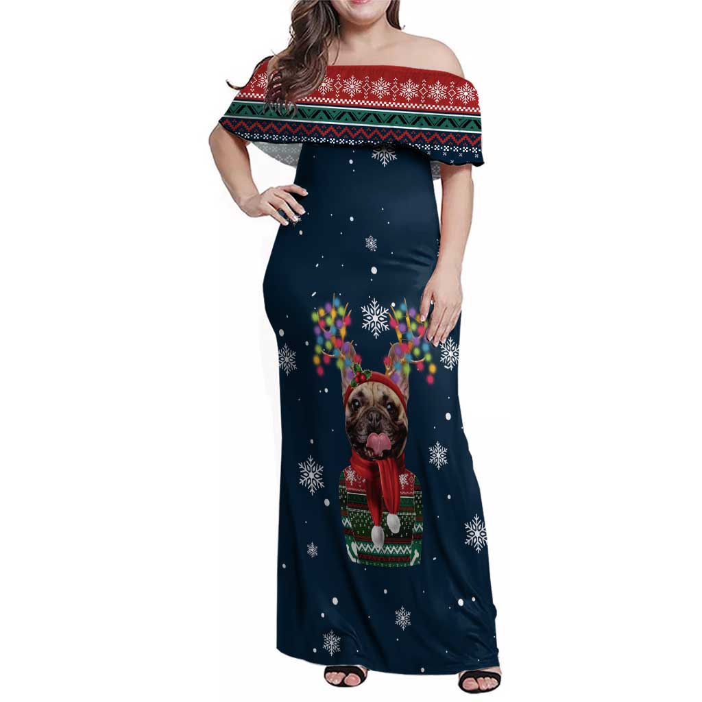 French Bulldog Reindeer Antlers Lights Family Matching Off Shoulder Maxi Dress and Hawaiian Shirt with Red Green Winter Pattern Design - Wonder Print Shop