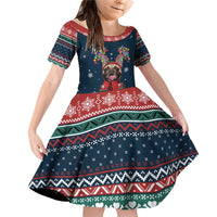 French Bulldog Reindeer Antlers Lights Family Matching Off Shoulder Short Dress and Hawaiian Shirt with Red Green Winter Pattern Design - Wonder Print Shop