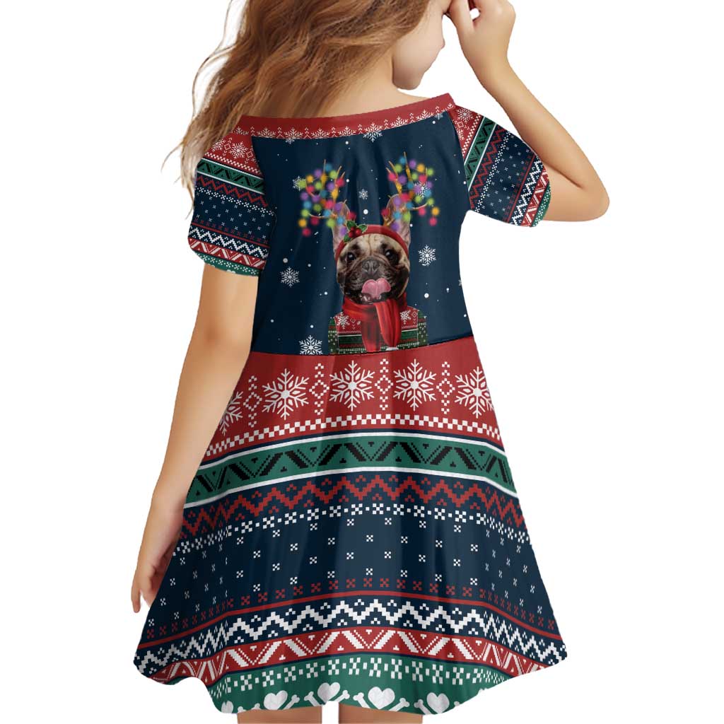 French Bulldog Reindeer Antlers Lights Family Matching Off Shoulder Short Dress and Hawaiian Shirt with Red Green Winter Pattern Design - Wonder Print Shop