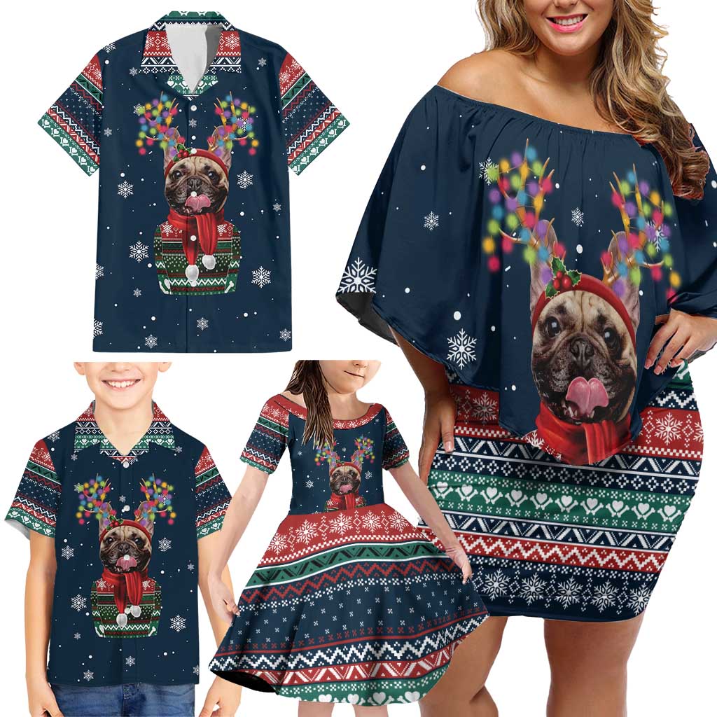 French Bulldog Reindeer Antlers Lights Family Matching Off Shoulder Short Dress and Hawaiian Shirt with Red Green Winter Pattern Design - Wonder Print Shop