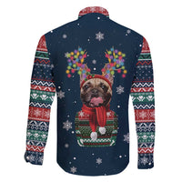 French Bulldog Reindeer Antlers Lights Family Matching Off Shoulder Short Dress and Hawaiian Shirt with Red Green Winter Pattern Design - Wonder Print Shop