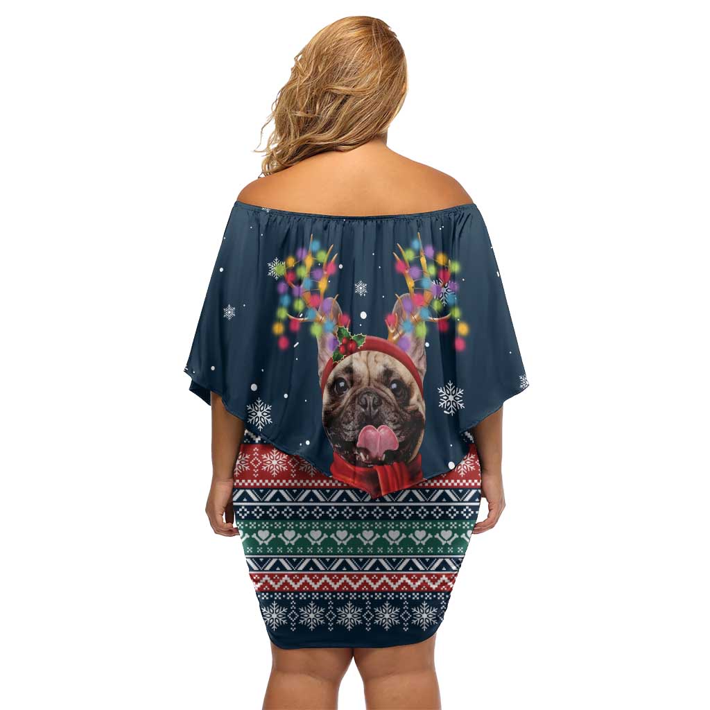 French Bulldog Reindeer Antlers Lights Family Matching Off Shoulder Short Dress and Hawaiian Shirt with Red Green Winter Pattern Design - Wonder Print Shop