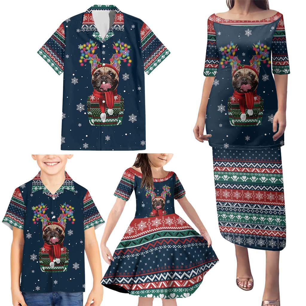 French Bulldog Reindeer Antlers Lights Family Matching Puletasi and Hawaiian Shirt with Red Green Winter Pattern Design - Wonder Print Shop