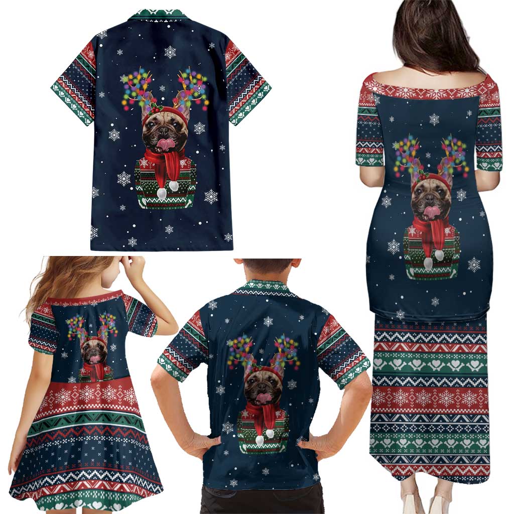 French Bulldog Reindeer Antlers Lights Family Matching Puletasi and Hawaiian Shirt with Red Green Winter Pattern Design - Wonder Print Shop