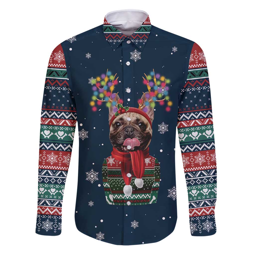 French Bulldog Reindeer Antlers Lights Family Matching Puletasi and Hawaiian Shirt with Red Green Winter Pattern Design - Wonder Print Shop