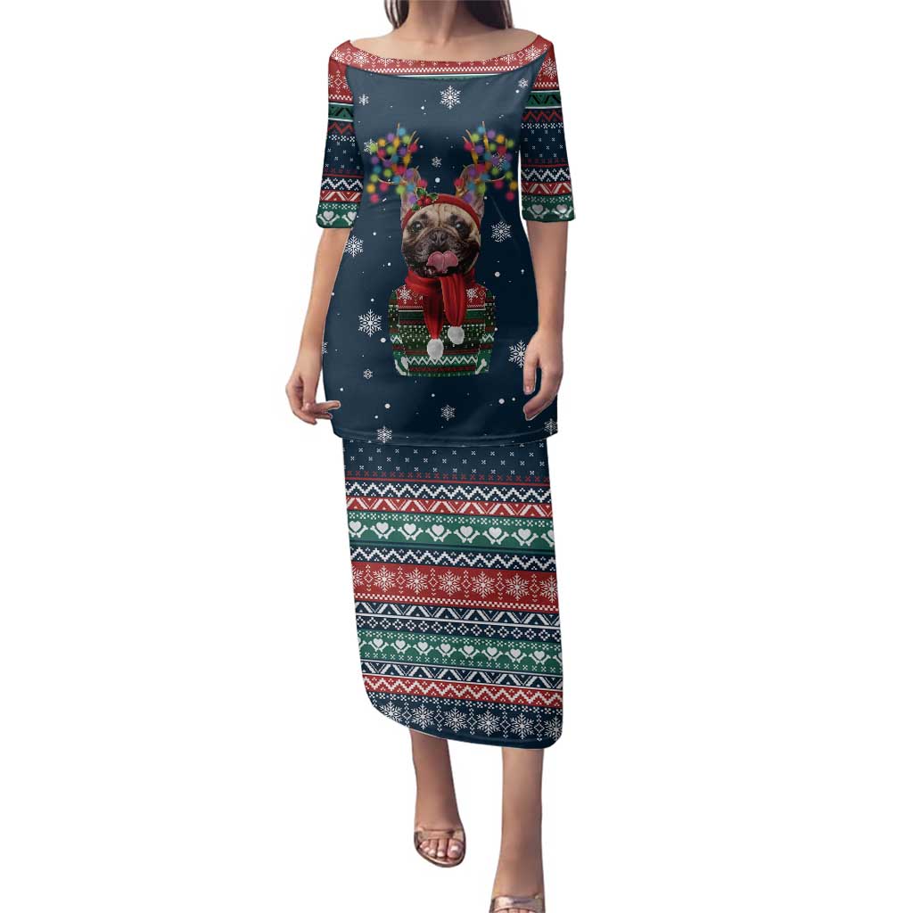French Bulldog Reindeer Antlers Lights Family Matching Puletasi and Hawaiian Shirt with Red Green Winter Pattern Design - Wonder Print Shop