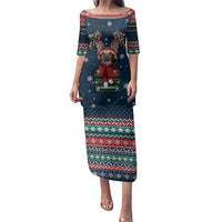 French Bulldog Reindeer Antlers Lights Family Matching Puletasi and Hawaiian Shirt with Red Green Winter Pattern Design - Wonder Print Shop