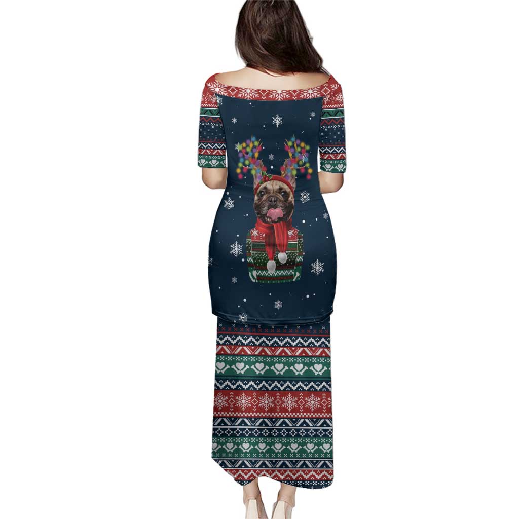French Bulldog Reindeer Antlers Lights Family Matching Puletasi and Hawaiian Shirt with Red Green Winter Pattern Design - Wonder Print Shop
