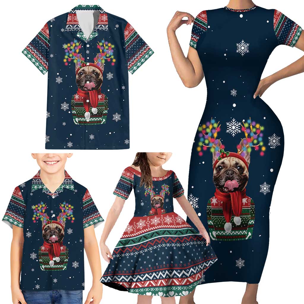 French Bulldog Reindeer Antlers Lights Family Matching Short Sleeve Bodycon Dress and Hawaiian Shirt with Red Green Winter Pattern Design - Wonder Print Shop