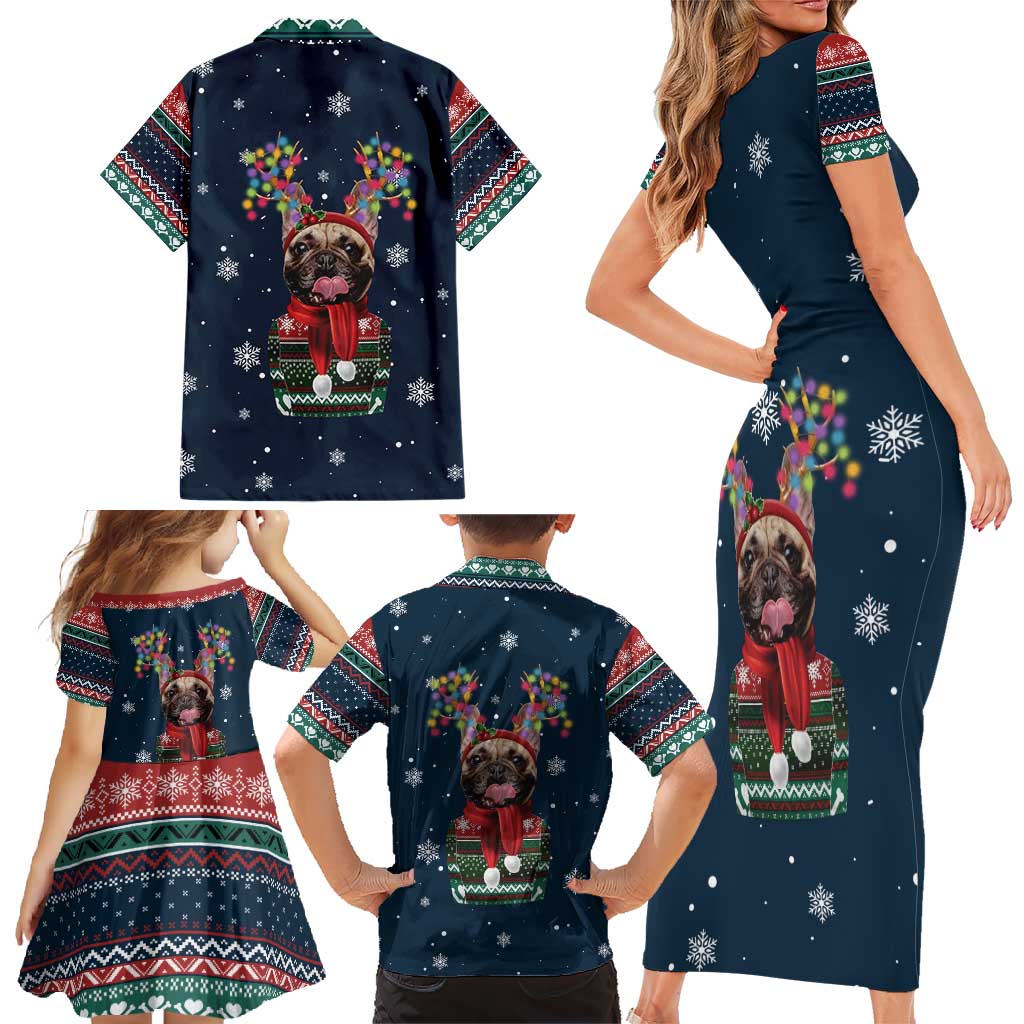 French Bulldog Reindeer Antlers Lights Family Matching Short Sleeve Bodycon Dress and Hawaiian Shirt with Red Green Winter Pattern Design - Wonder Print Shop