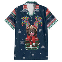 French Bulldog Reindeer Antlers Lights Family Matching Short Sleeve Bodycon Dress and Hawaiian Shirt with Red Green Winter Pattern Design - Wonder Print Shop
