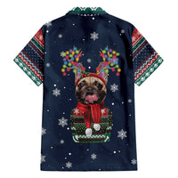 French Bulldog Reindeer Antlers Lights Family Matching Short Sleeve Bodycon Dress and Hawaiian Shirt with Red Green Winter Pattern Design - Wonder Print Shop