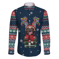 French Bulldog Reindeer Antlers Lights Family Matching Short Sleeve Bodycon Dress and Hawaiian Shirt with Red Green Winter Pattern Design - Wonder Print Shop