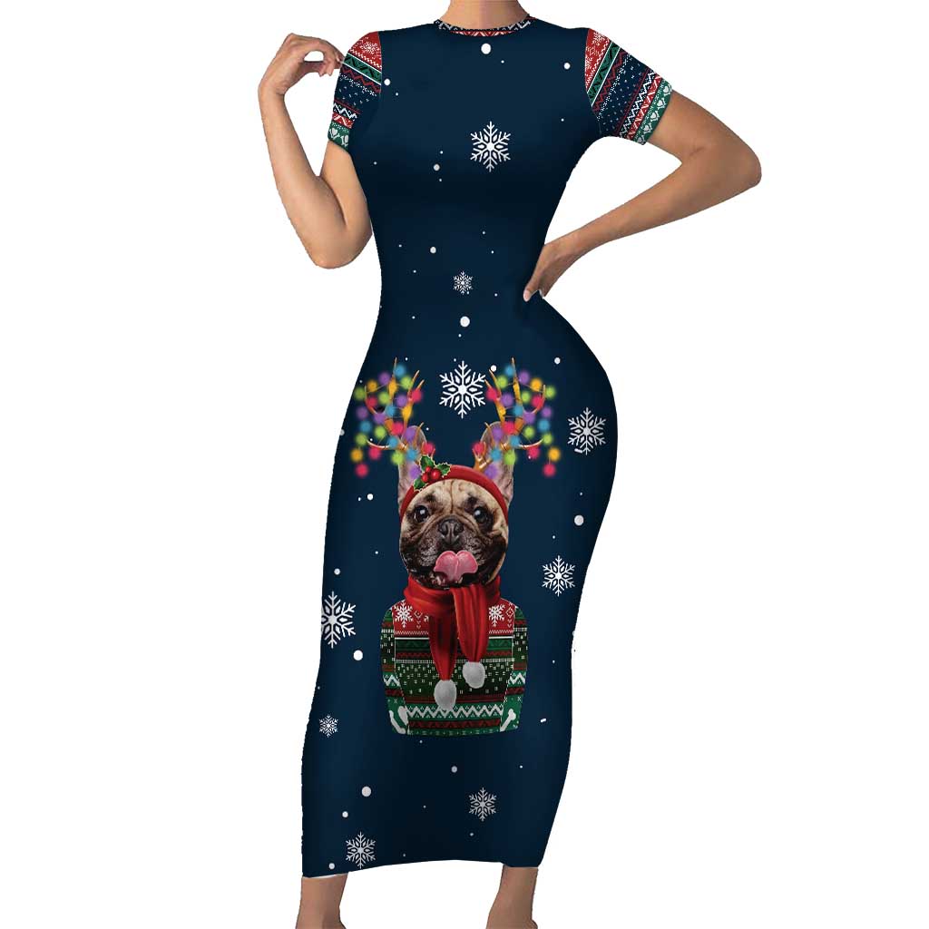 French Bulldog Reindeer Antlers Lights Family Matching Short Sleeve Bodycon Dress and Hawaiian Shirt with Red Green Winter Pattern Design - Wonder Print Shop