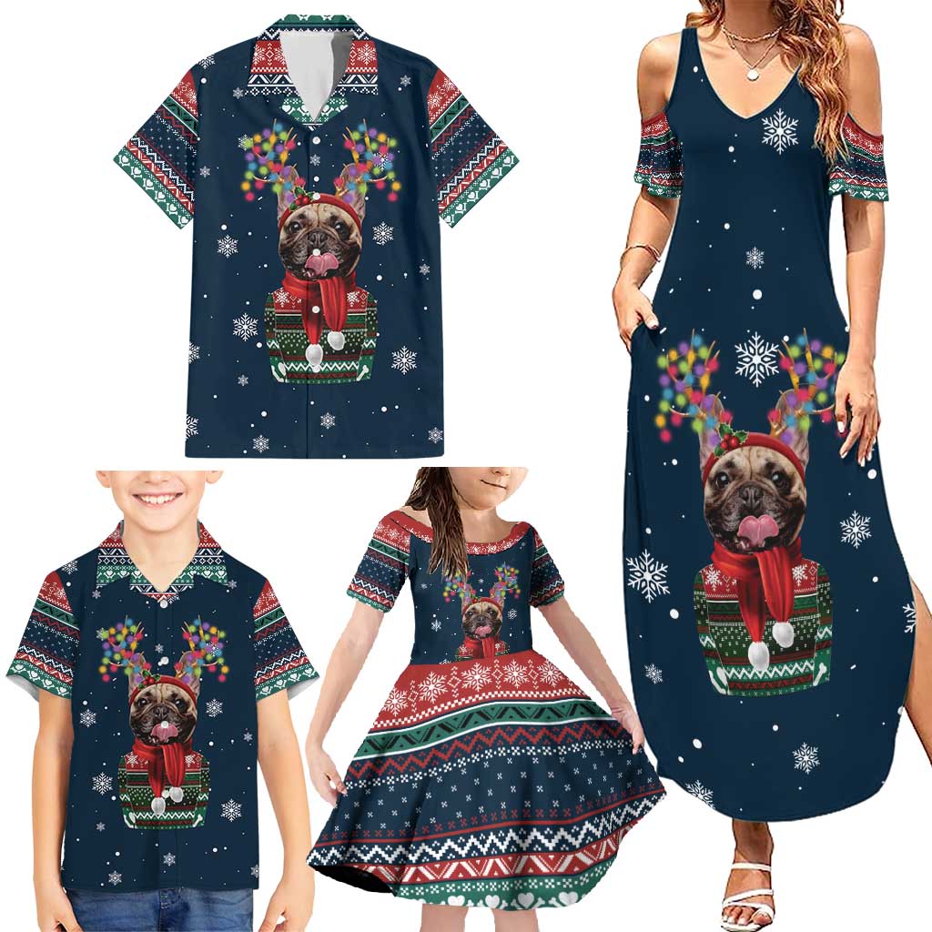 French Bulldog Reindeer Antlers Lights Family Matching Summer Maxi Dress and Hawaiian Shirt with Red Green Winter Pattern Design - Wonder Print Shop