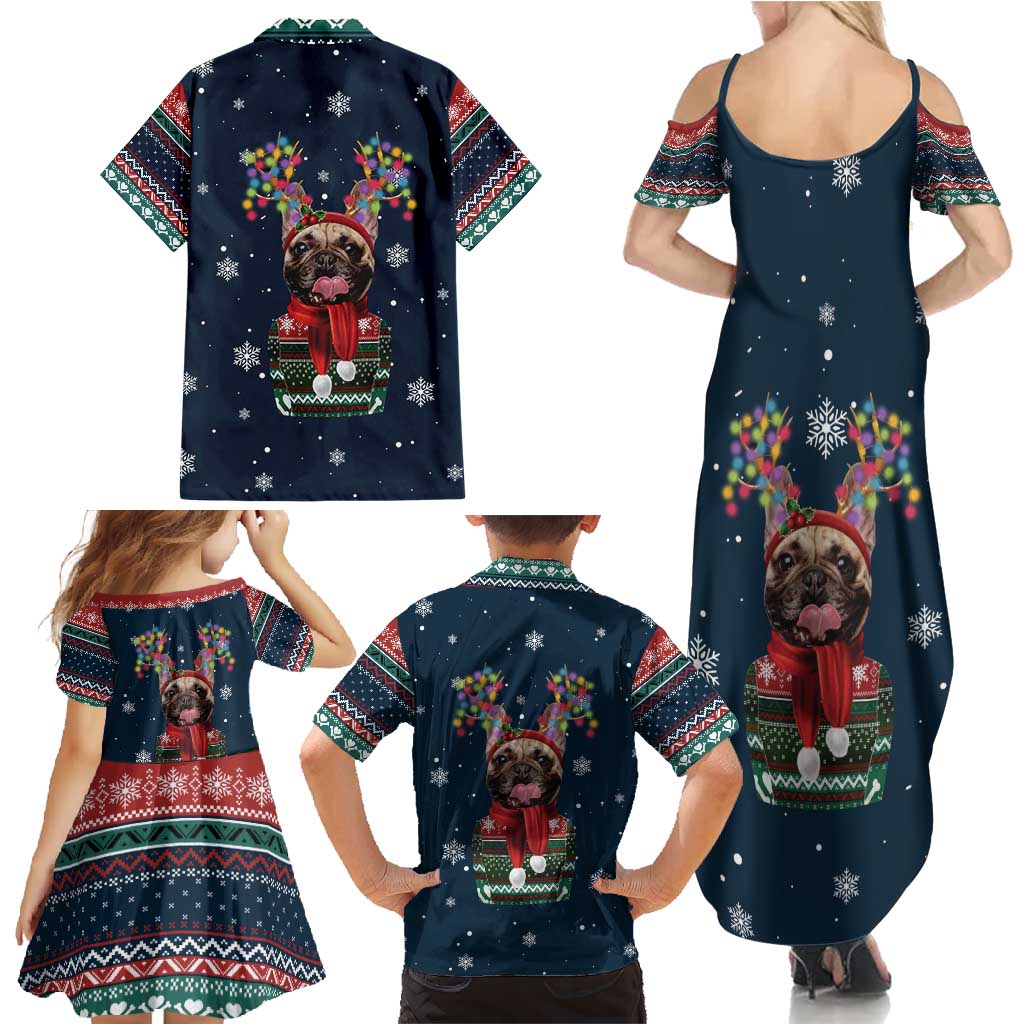 French Bulldog Reindeer Antlers Lights Family Matching Summer Maxi Dress and Hawaiian Shirt with Red Green Winter Pattern Design - Wonder Print Shop