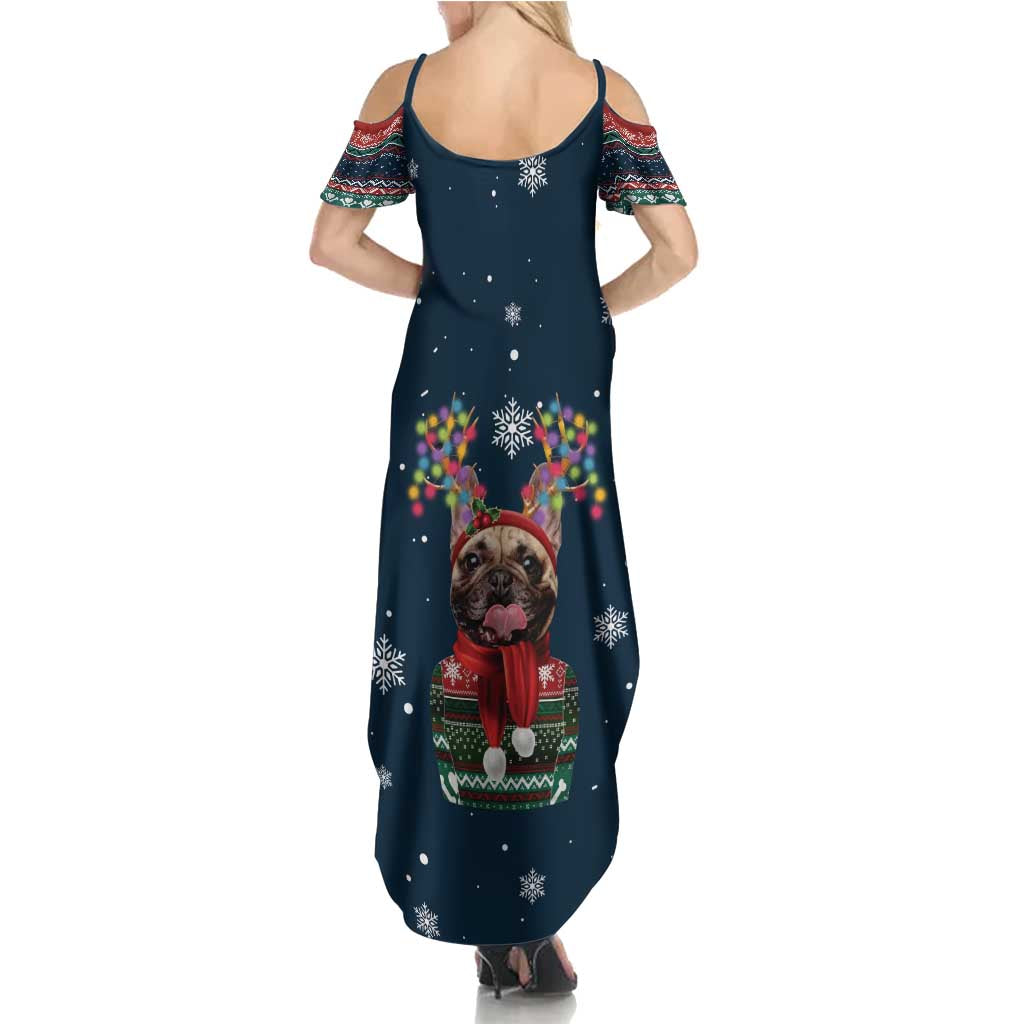 French Bulldog Reindeer Antlers Lights Family Matching Summer Maxi Dress and Hawaiian Shirt with Red Green Winter Pattern Design - Wonder Print Shop