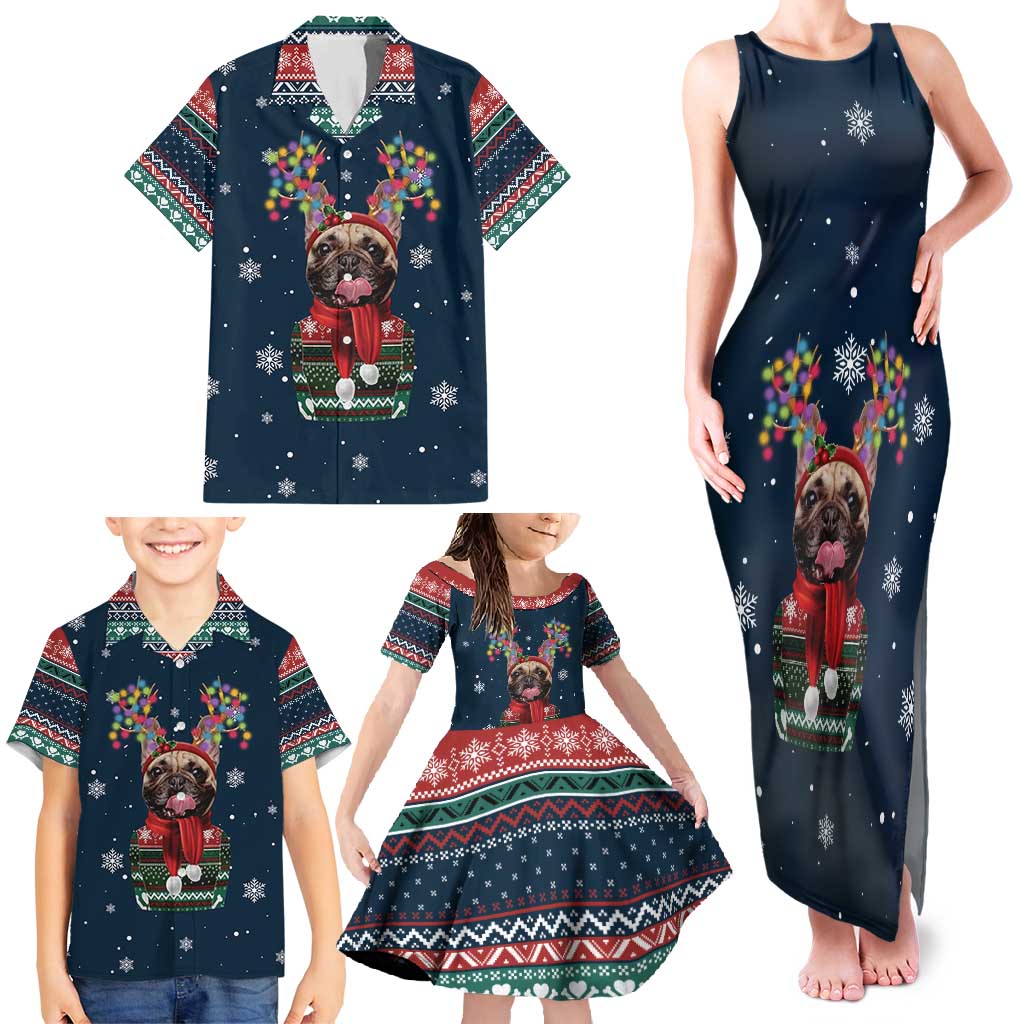 French Bulldog Reindeer Antlers Lights Family Matching Tank Maxi Dress and Hawaiian Shirt with Red Green Winter Pattern Design - Wonder Print Shop