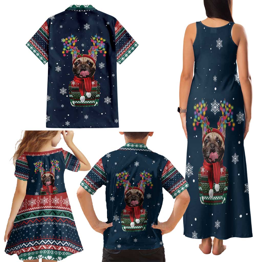 French Bulldog Reindeer Antlers Lights Family Matching Tank Maxi Dress and Hawaiian Shirt with Red Green Winter Pattern Design - Wonder Print Shop