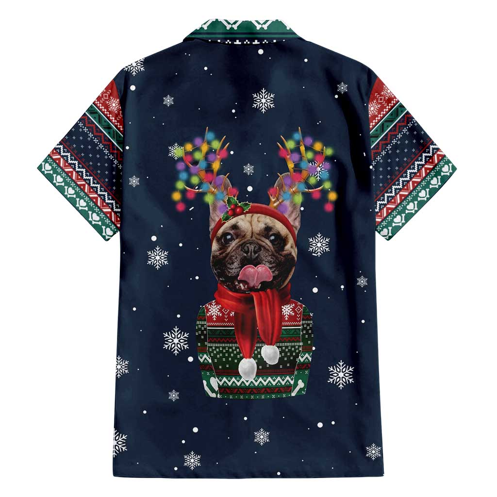 French Bulldog Reindeer Antlers Lights Family Matching Tank Maxi Dress and Hawaiian Shirt with Red Green Winter Pattern Design - Wonder Print Shop