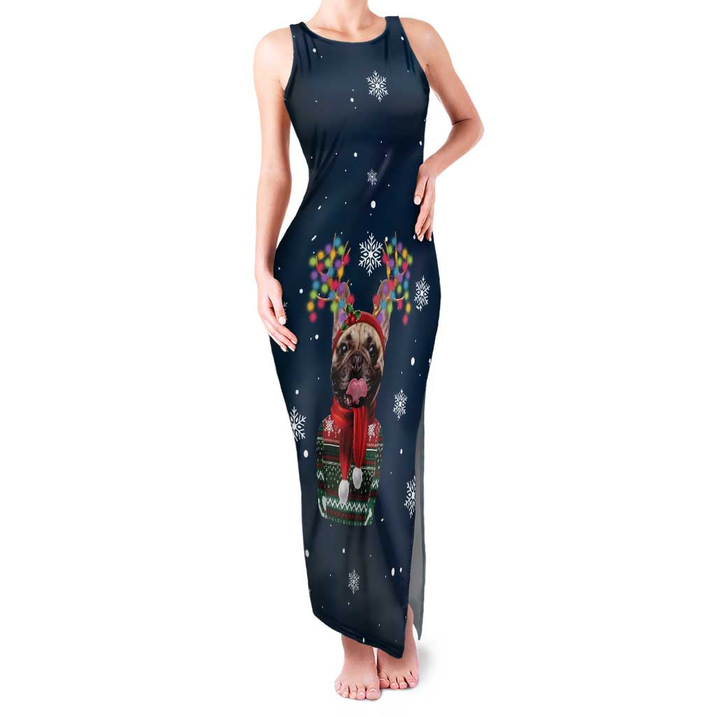 French Bulldog Reindeer Antlers Lights Family Matching Tank Maxi Dress and Hawaiian Shirt with Red Green Winter Pattern Design - Wonder Print Shop