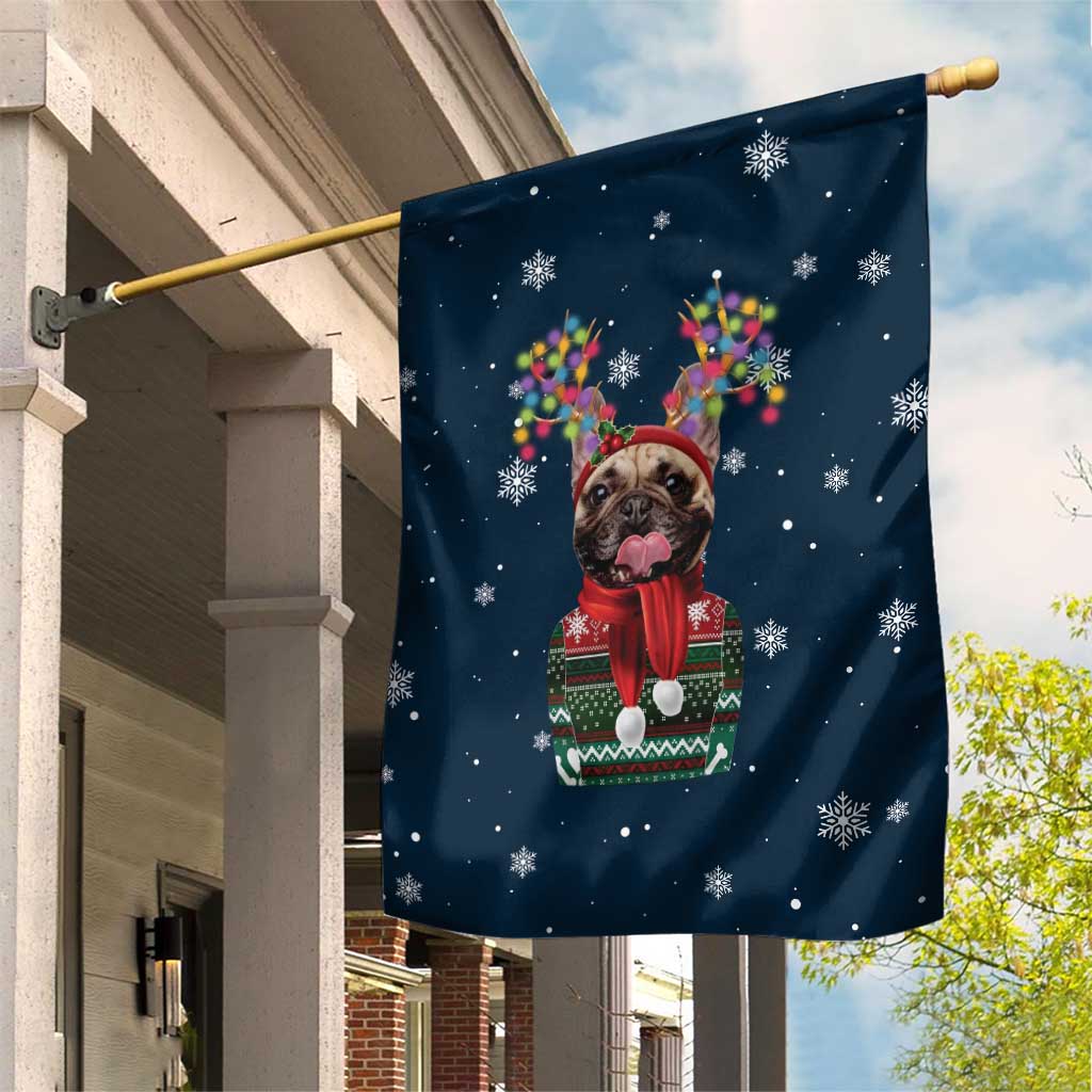 French Bulldog Reindeer Antlers Lights Garden Flag with Red Green Winter Pattern Design - Wonder Print Shop
