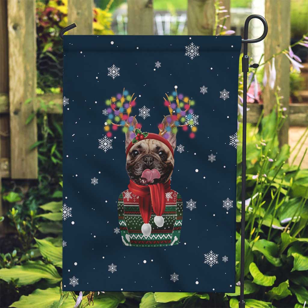 French Bulldog Reindeer Antlers Lights Garden Flag with Red Green Winter Pattern Design - Wonder Print Shop