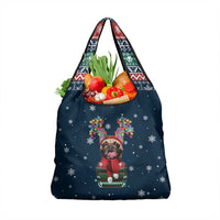 French Bulldog Reindeer Antlers Lights Grocery Bag with Red Green Winter Pattern Design - Wonder Print Shop