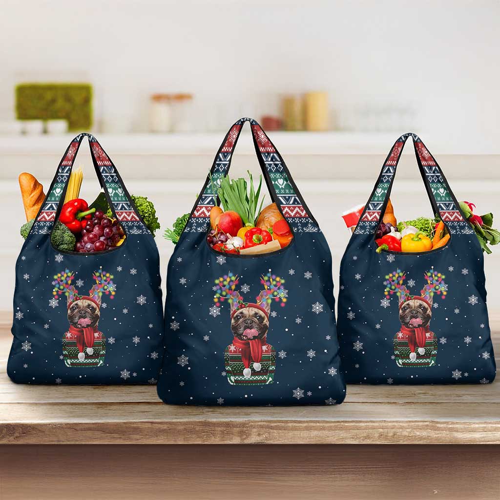 French Bulldog Reindeer Antlers Lights Grocery Bag with Red Green Winter Pattern Design - Wonder Print Shop