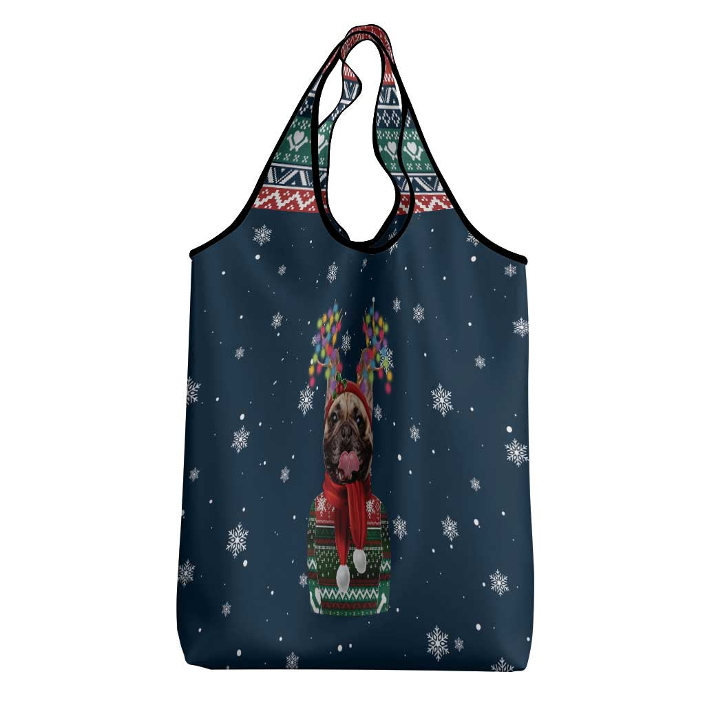 French Bulldog Reindeer Antlers Lights Grocery Bag with Red Green Winter Pattern Design - Wonder Print Shop