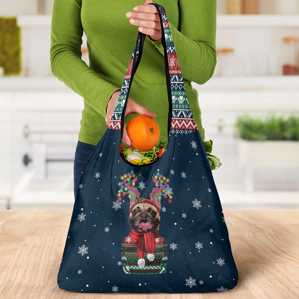 French Bulldog Reindeer Antlers Lights Grocery Bag with Red Green Winter Pattern Design - Wonder Print Shop
