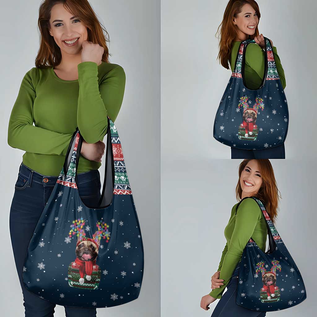 French Bulldog Reindeer Antlers Lights Grocery Bag with Red Green Winter Pattern Design - Wonder Print Shop
