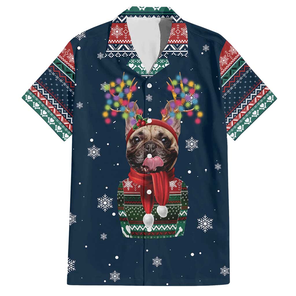 French Bulldog Reindeer Antlers Lights Hawaiian Shirt with Red Green Winter Pattern Design - Wonder Print Shop