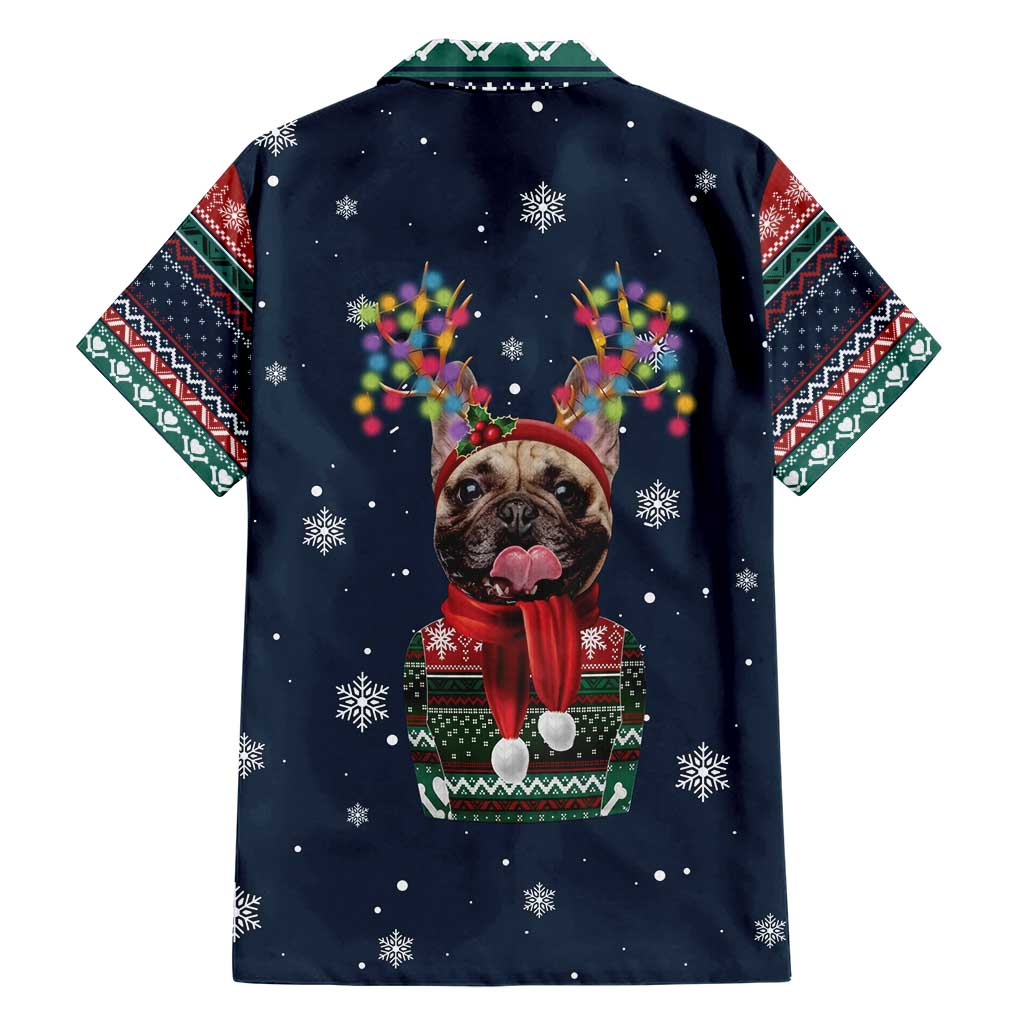 French Bulldog Reindeer Antlers Lights Hawaiian Shirt with Red Green Winter Pattern Design - Wonder Print Shop
