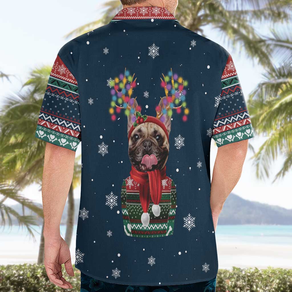French Bulldog Reindeer Antlers Lights Hawaiian Shirt with Red Green Winter Pattern Design - Wonder Print Shop