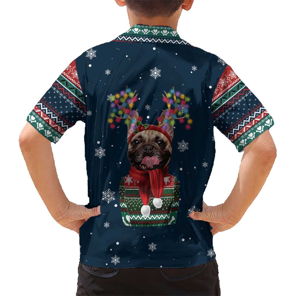 French Bulldog Reindeer Antlers Lights Hawaiian Shirt with Red Green Winter Pattern Design - Wonder Print Shop