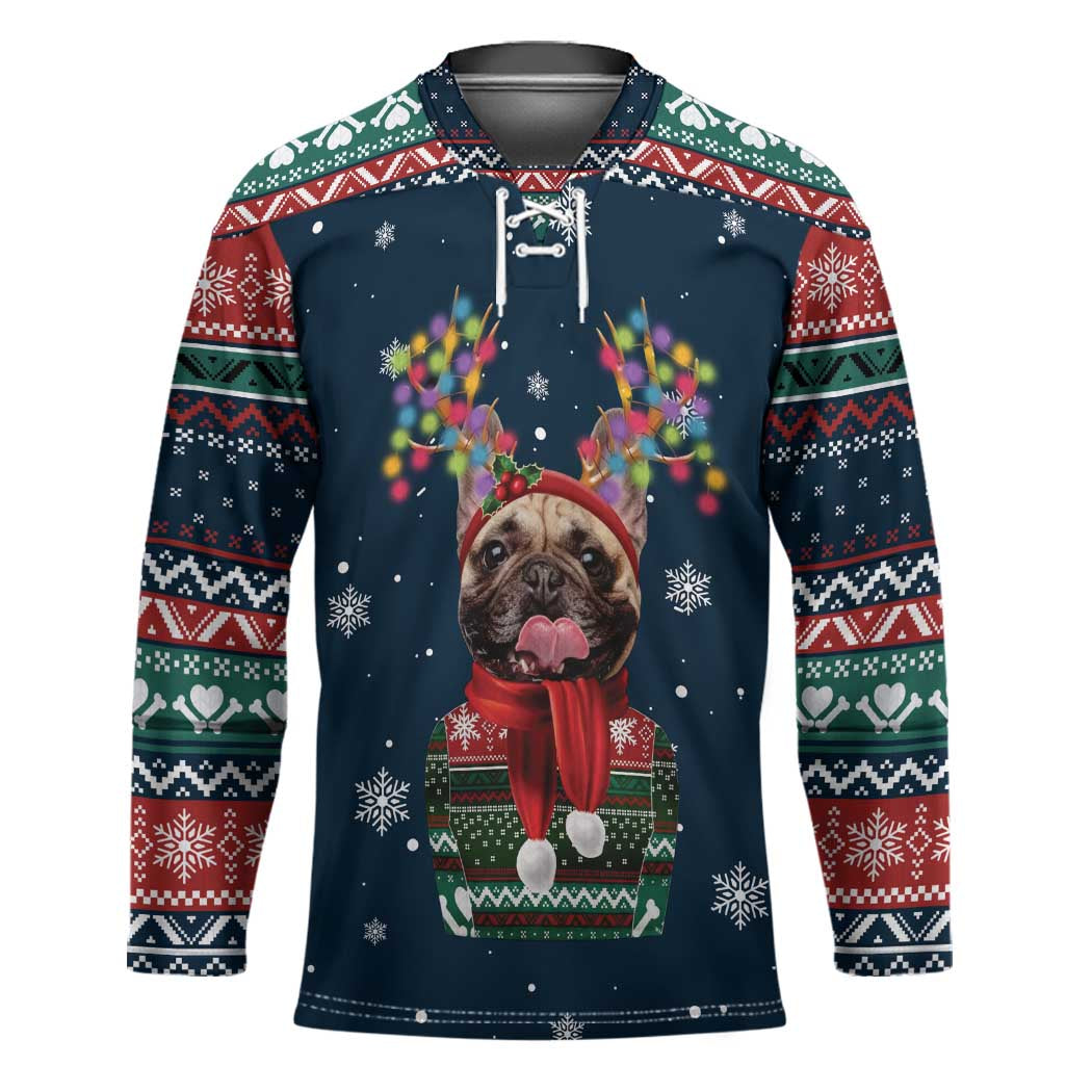 French Bulldog Reindeer Antlers Lights Hockey Jersey with Red Green Winter Pattern Design - Wonder Print Shop