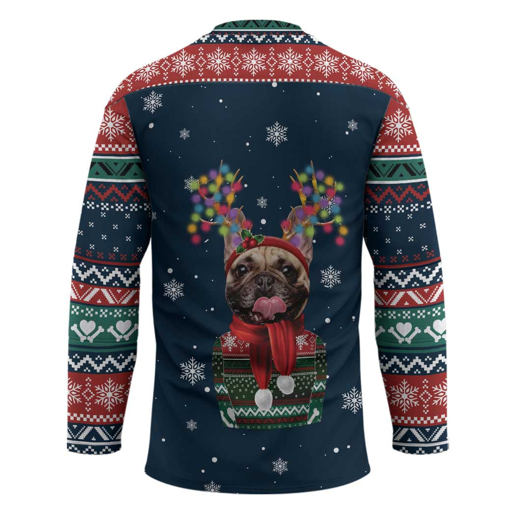 French Bulldog Reindeer Antlers Lights Hockey Jersey with Red Green Winter Pattern Design - Wonder Print Shop