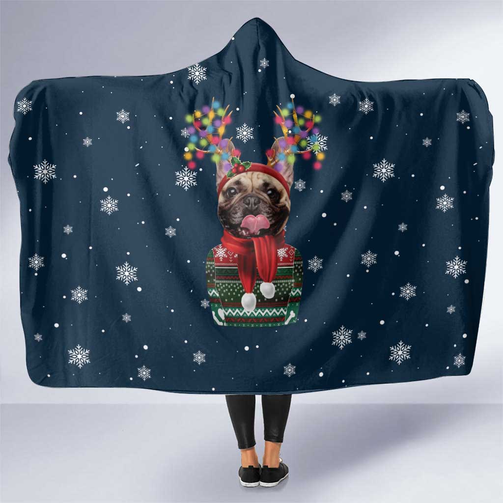 French Bulldog Reindeer Antlers Lights Hooded Blanket with Red Green Winter Pattern Design - Wonder Print Shop
