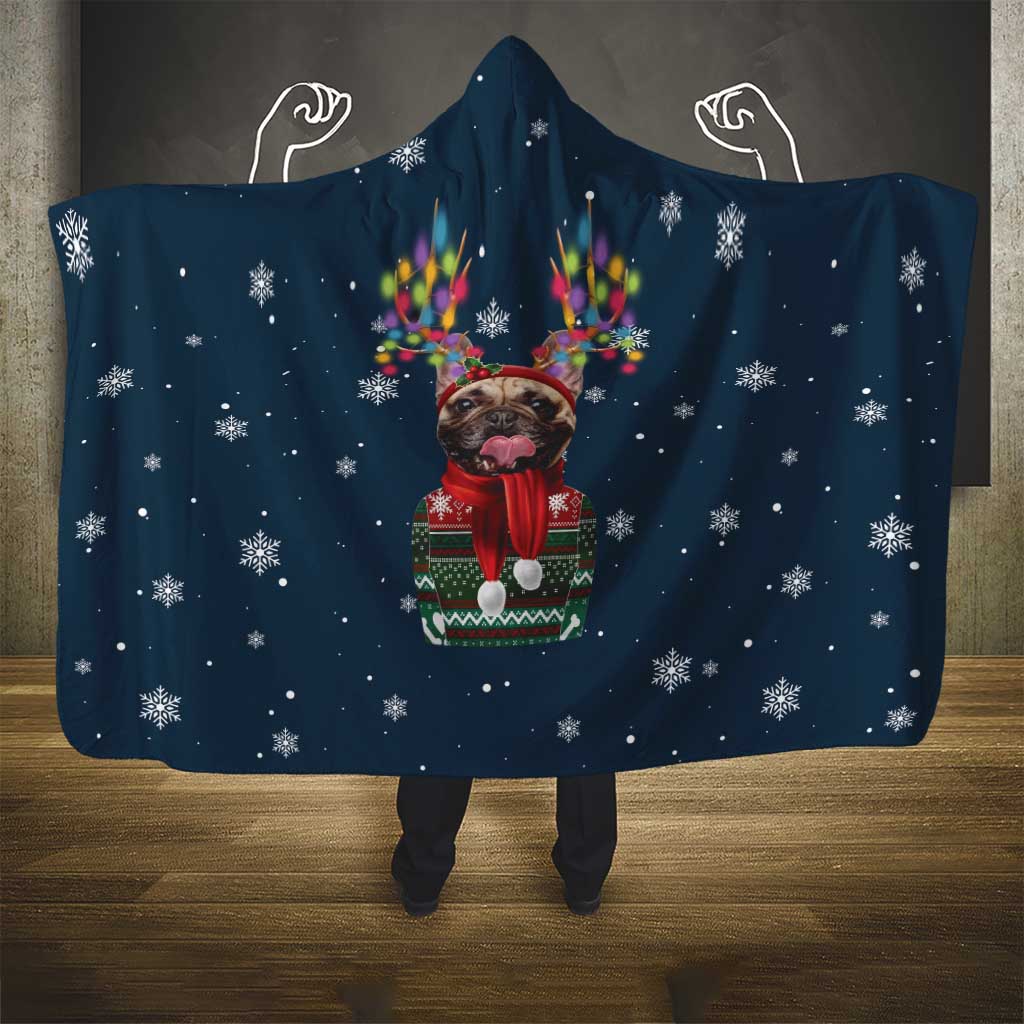 French Bulldog Reindeer Antlers Lights Hooded Blanket with Red Green Winter Pattern Design - Wonder Print Shop