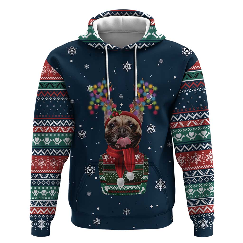 French Bulldog Reindeer Antlers Lights Hoodie with Red Green Winter Pattern Design - Wonder Print Shop