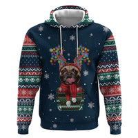 French Bulldog Reindeer Antlers Lights Hoodie with Red Green Winter Pattern Design - Wonder Print Shop