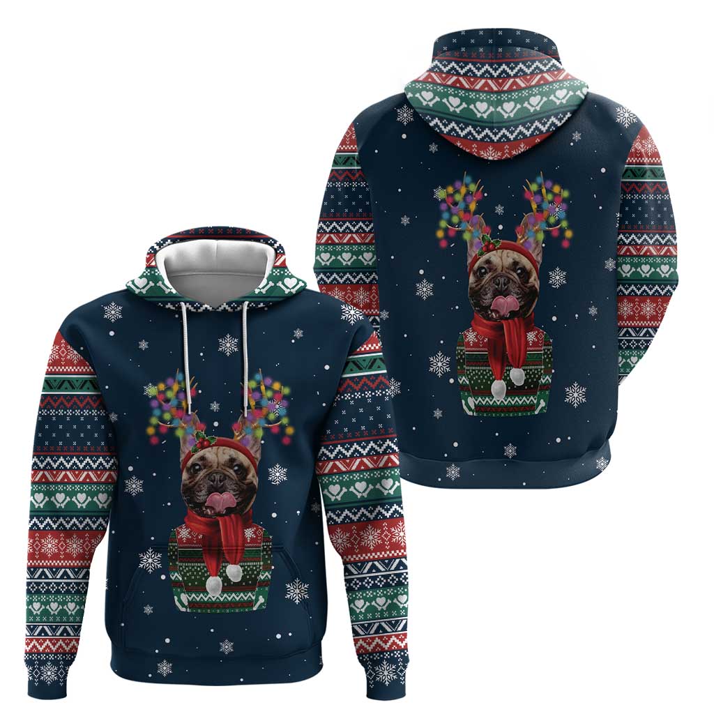 French Bulldog Reindeer Antlers Lights Hoodie with Red Green Winter Pattern Design - Wonder Print Shop