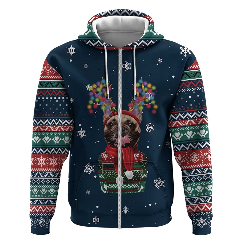 French Bulldog Reindeer Antlers Lights Hoodie with Red Green Winter Pattern Design - Wonder Print Shop