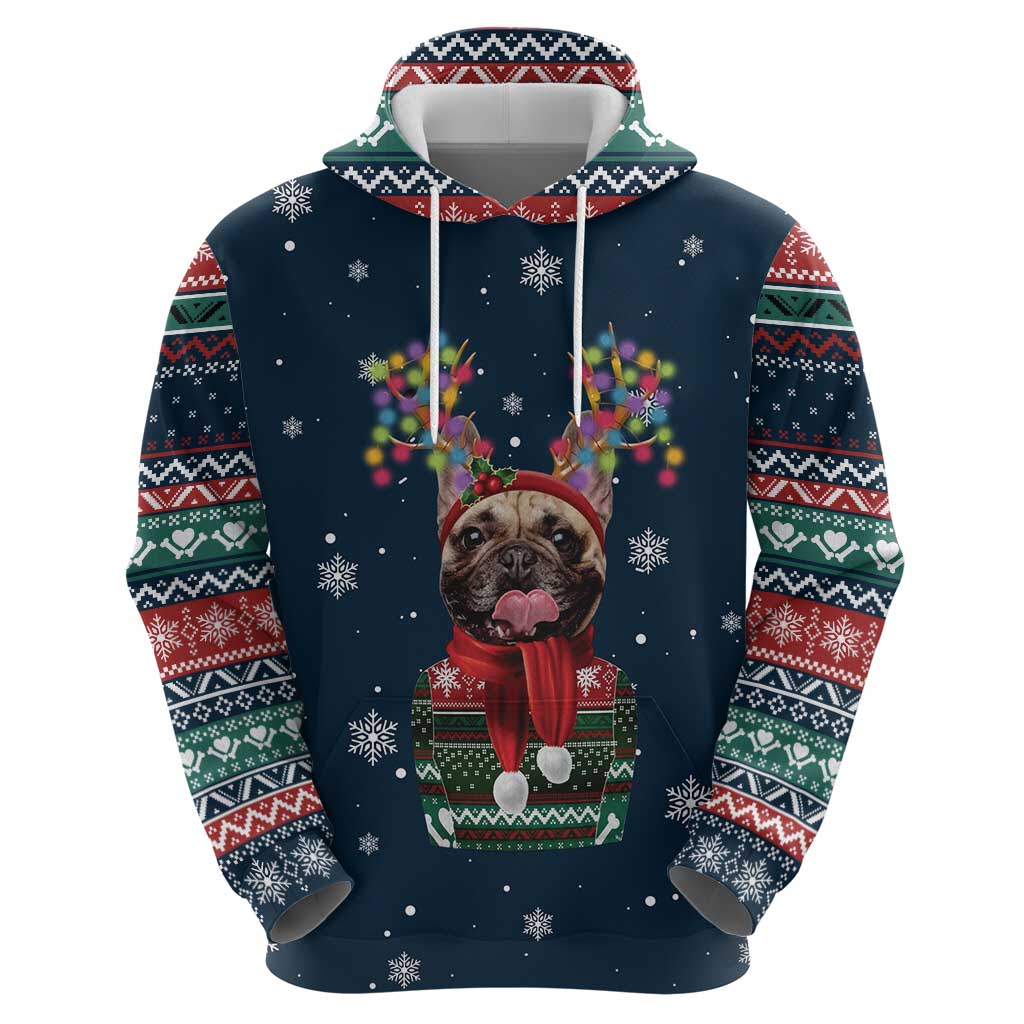 French Bulldog Reindeer Antlers Lights Hoodie with Red Green Winter Pattern Design - Wonder Print Shop