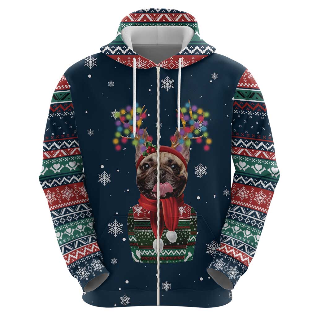 French Bulldog Reindeer Antlers Lights Hoodie with Red Green Winter Pattern Design - Wonder Print Shop