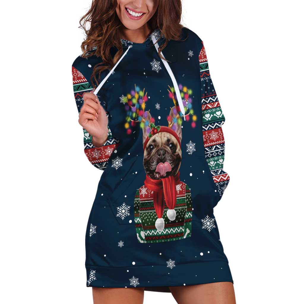 French Bulldog Reindeer Antlers Lights Hoodie Dress with Red Green Winter Pattern Design - Wonder Print Shop